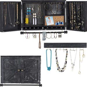 Rustic Wood Wall Mounted Jewelry Organizer Black